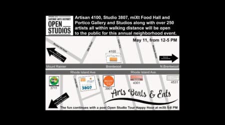 Map indicating locations of artisan 4100, studio 3807, and other nearby studios for an open studio event with food and over 250 artists, including route directions and icons.