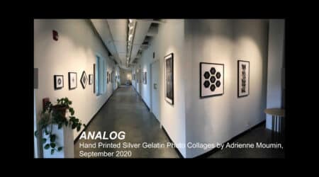Interior of a gallery with adrienne moumin's photo collages on the walls, plants and furniture along a long corridor, sign indicating the exhibition.