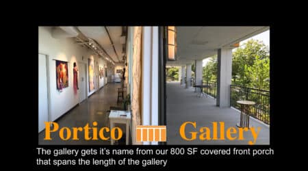 Art gallery with an exhibition on one side under a covered veranda, showing a sunny outdoor view on the right and explanatory text about the gallery at the bottom.