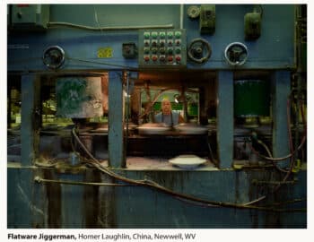 A man operates machinery for flatware production at the Homer Laughlin factory in Newell, WV.