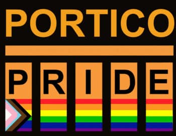 Sign reading 'PORTICO PRIDE' with rainbow stripes and a Progress Pride flag element.