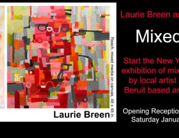 Exhibition invitation featuring mixed media paintings by Laurie Breen and Fadi ElChamaa. Preview images of their artworks are shown alongside event details.