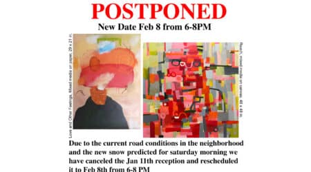 Art reception postponed to Feb 8, 6-8 PM, due to weather. Features two paintings: "Love and Other Feelings" and "Resalt.