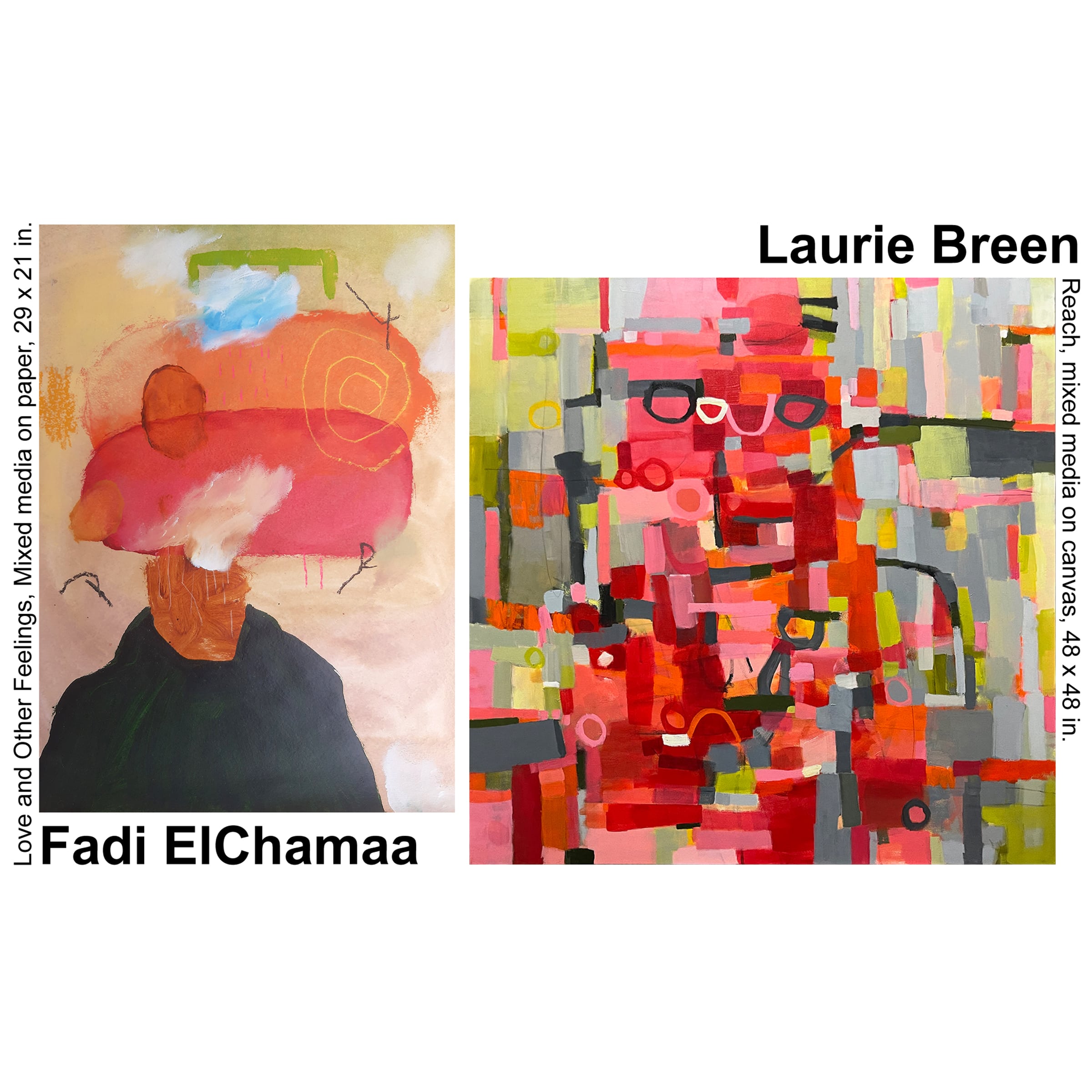 Two abstract artworks side by side: one by Fadi ElChamaa with warm tones and swirling shapes, and the other by Laurie Breen with vibrant geometric patterns.