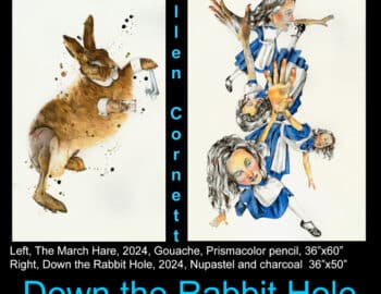 Illustration featuring a sprawled rabbit on the left and figures in blue dresses falling on the right; text reads "Ellen Cornett" with artwork titles and dimensions.
