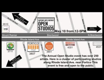 A map showing locations of art studios along Rhode Island Ave. for the Gateway Arts District Open Studios event on May 10, 12–5 PM, with event and access details.
