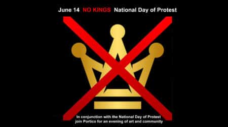 A gold crown is crossed out by a large red "X." Above, text reads "June 14 NO KINGS National Day of Protest." Below, event details are provided in smaller white text.